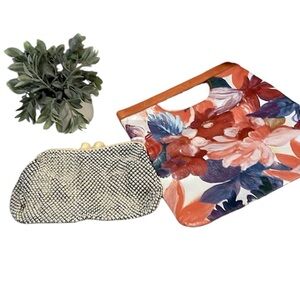 BUNDLE Maurizio Taiuti Floral Leather Fold Clutch Cream Aluminum Mesh Clutch Bag